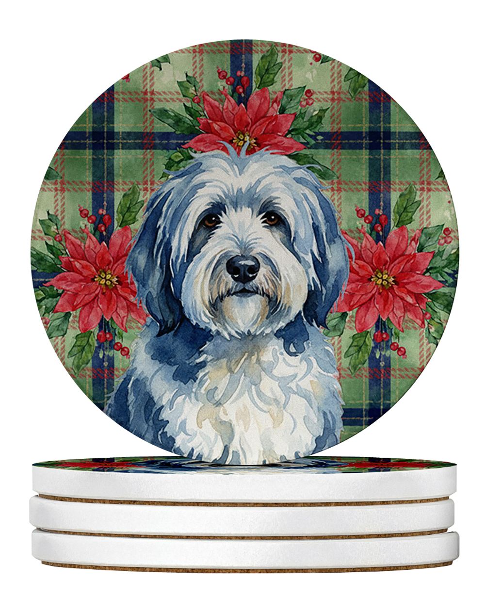 Blue and White Old English Sheepdog Christmas PoinsettIas Large Sandstone Coasters Pack of 4 Absorbent Round Coasters Decor Gift