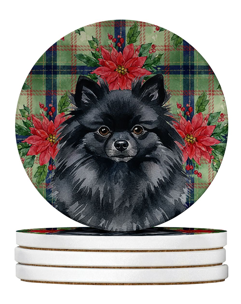 Black Pomeranian Christmas PoinsettIas Large Sandstone Coasters Pack of 4 Absorbent Round Coasters Decor Gifts for Men or Women,