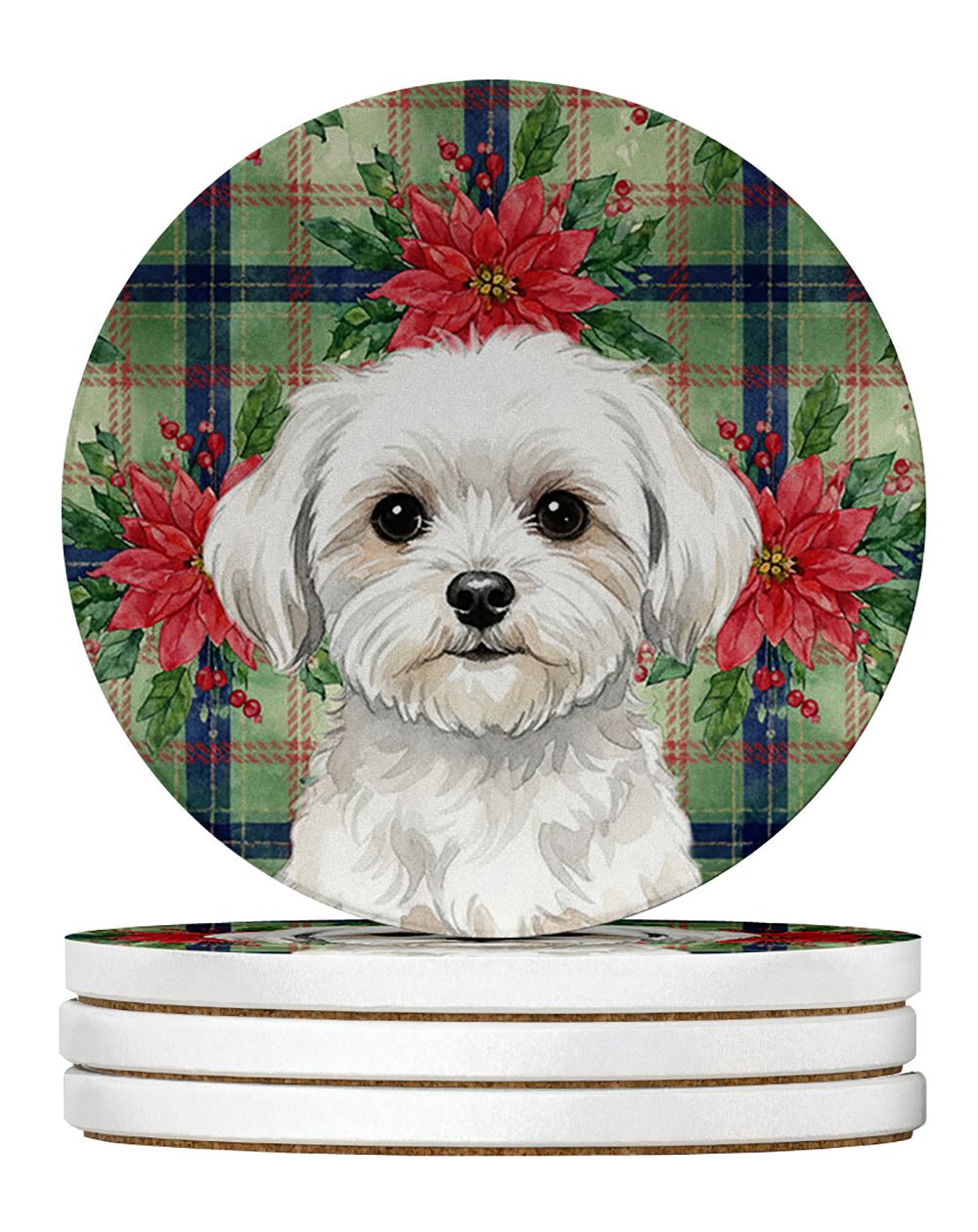 Maltese Christmas PoinsettIas Large Sandstone Coasters Pack of 4 Absorbent Round Coasters Decor Gifts for Men or Women, 4 in, Mu