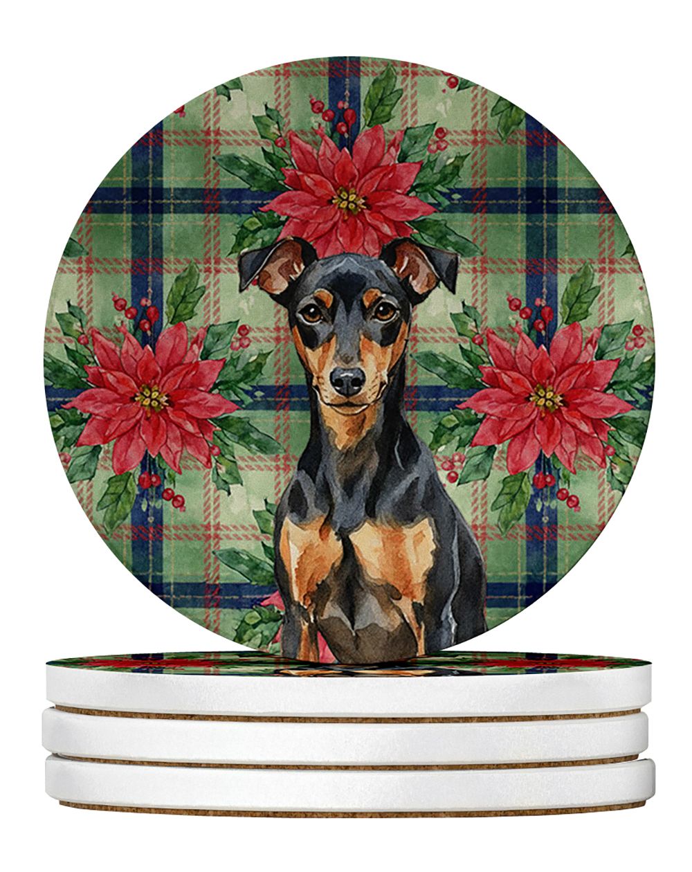 Manchester Terrier Christmas PoinsettIas Large Sandstone Coasters Pack of 4 Absorbent Round Coasters Decor Gifts for Men or Wome