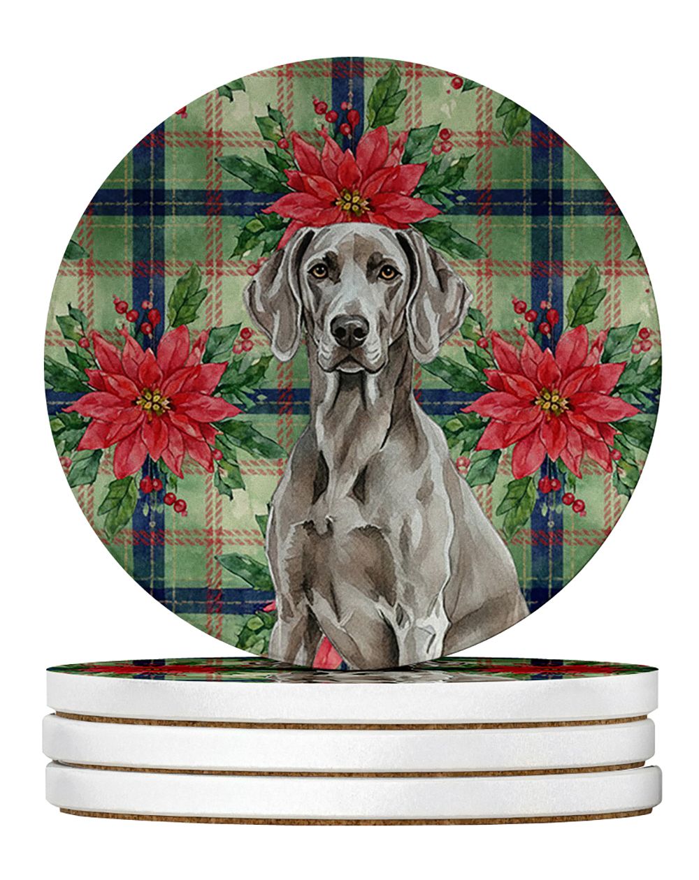 Weimaraner Christmas PoinsettIas Large Sandstone Coasters Pack of 4 Absorbent Round Coasters Decor Gifts for Men or Women, 4 in,