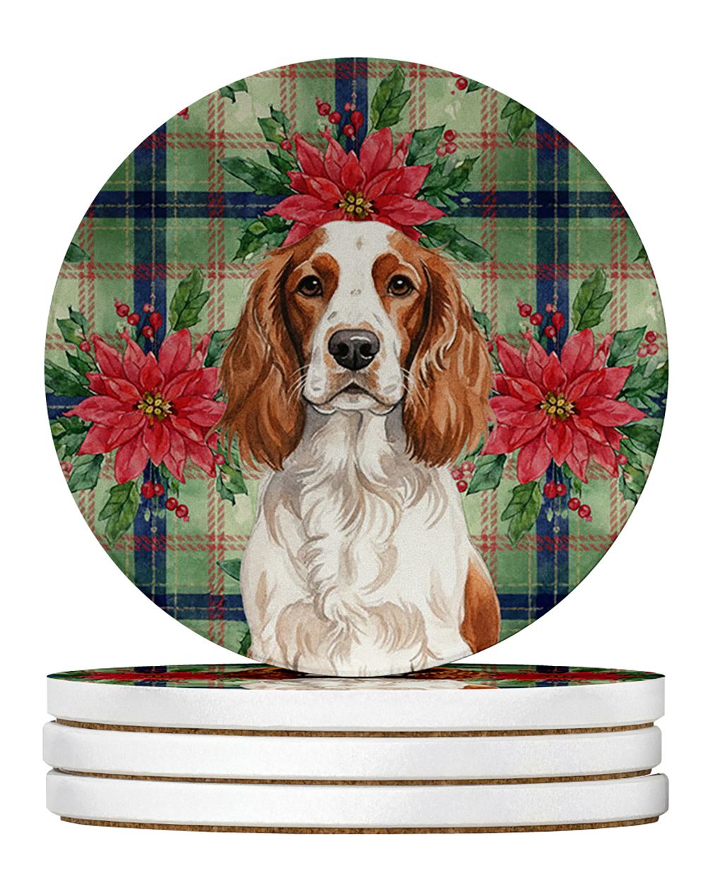 Welsh Springer Spaniel Christmas PoinsettIas Large Sandstone Coasters Pack of 4 Absorbent Round Coasters Decor Gifts for Men or 