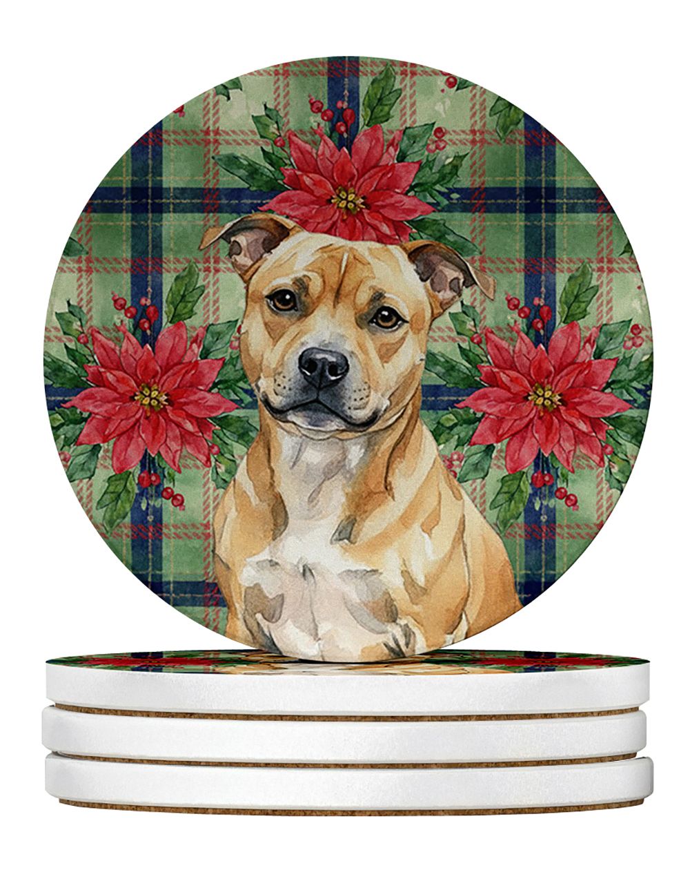 Fawn Staffordshire Bull Terrier Christmas PoinsettIas Large Sandstone Coasters Pack of 4 Absorbent Round Coasters Decor Gifts fo