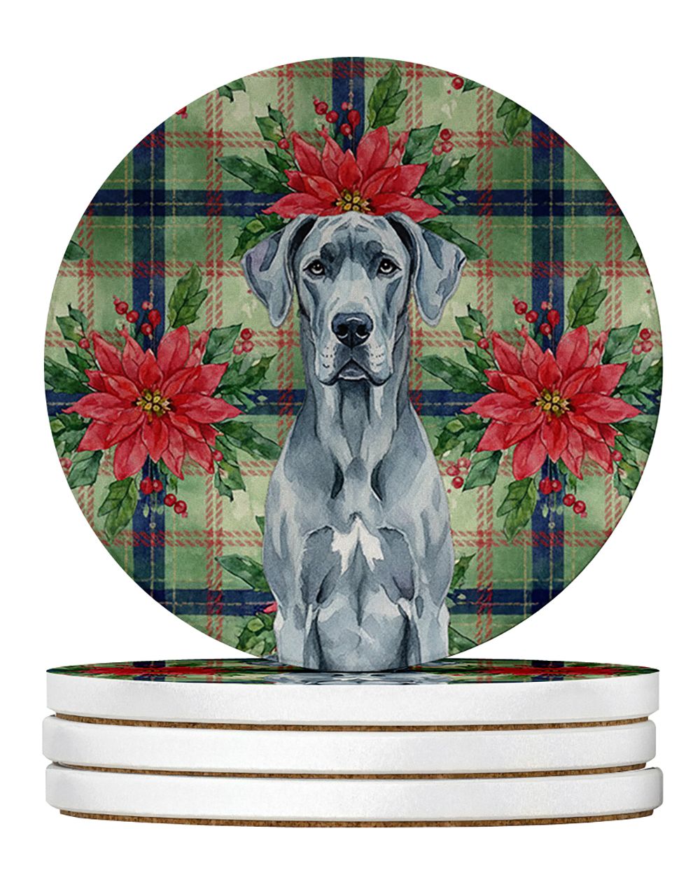 Blue Great Dane Christmas PoinsettIas Large Sandstone Coasters Pack of 4 Absorbent Round Coasters Decor Gifts for Men or Women, 