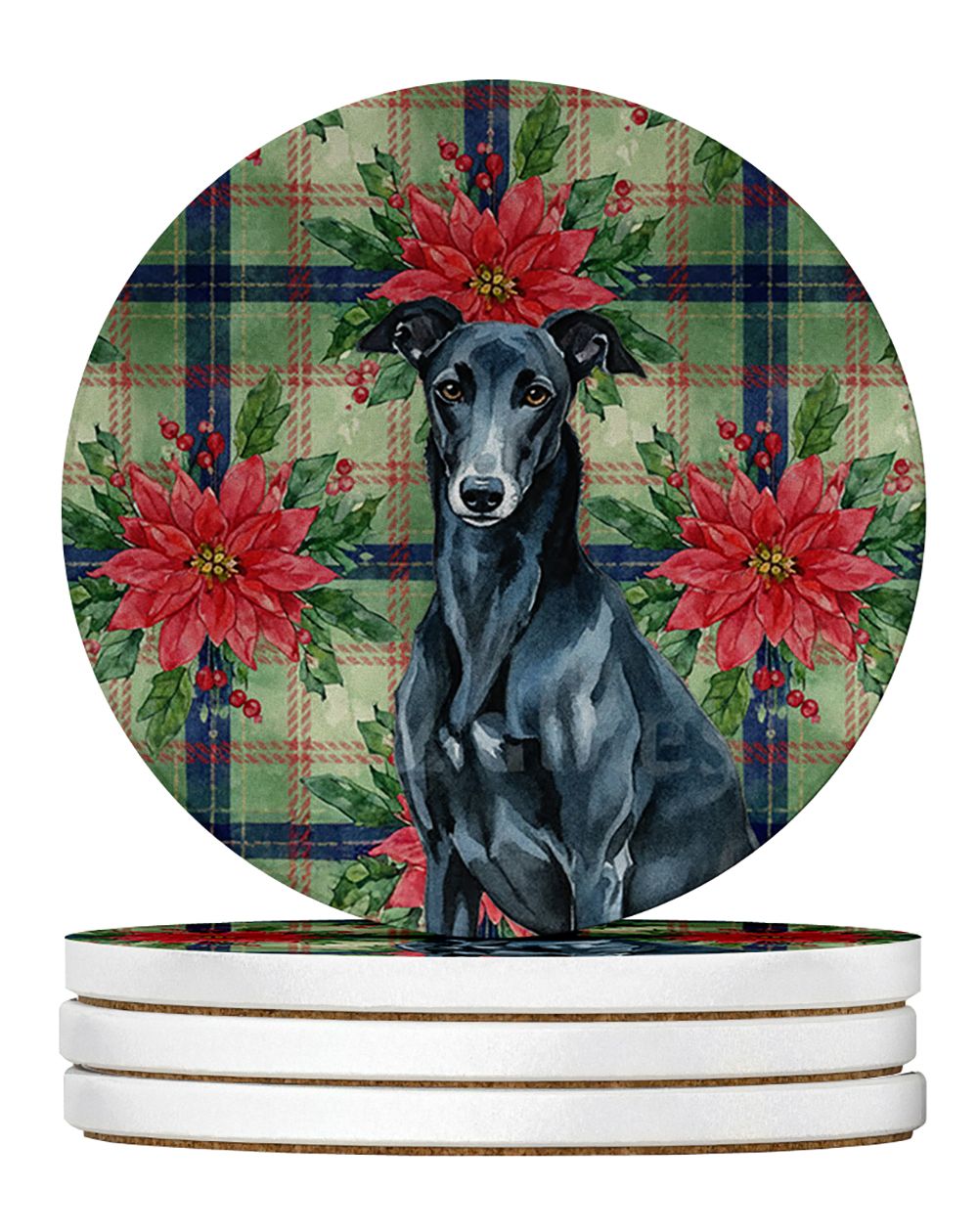 Black Greyhound Christmas PoinsettIas Large Sandstone Coasters Pack of 4 Absorbent Round Coasters Decor Gifts for Men or Women, 