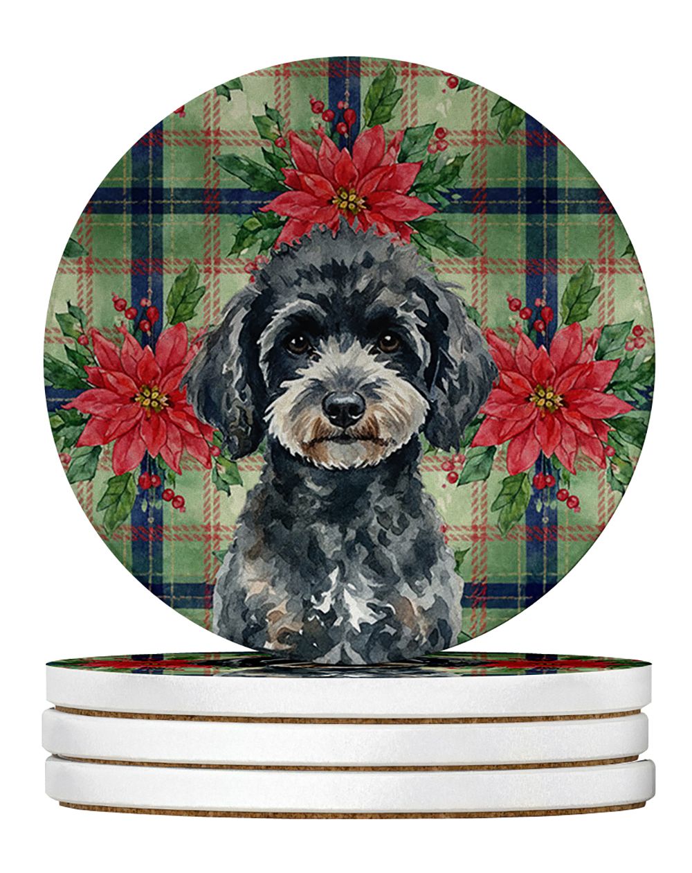Miniature Black Poodle Christmas PoinsettIas Large Sandstone Coasters Pack of 4 Absorbent Round Coasters Decor Gifts for Men or 