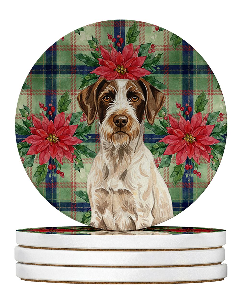 Liver and White German Wirehaired Pointer Christmas PoinsettIas Large Sandstone Coasters Pack of 4 Absorbent Round Coasters Deco