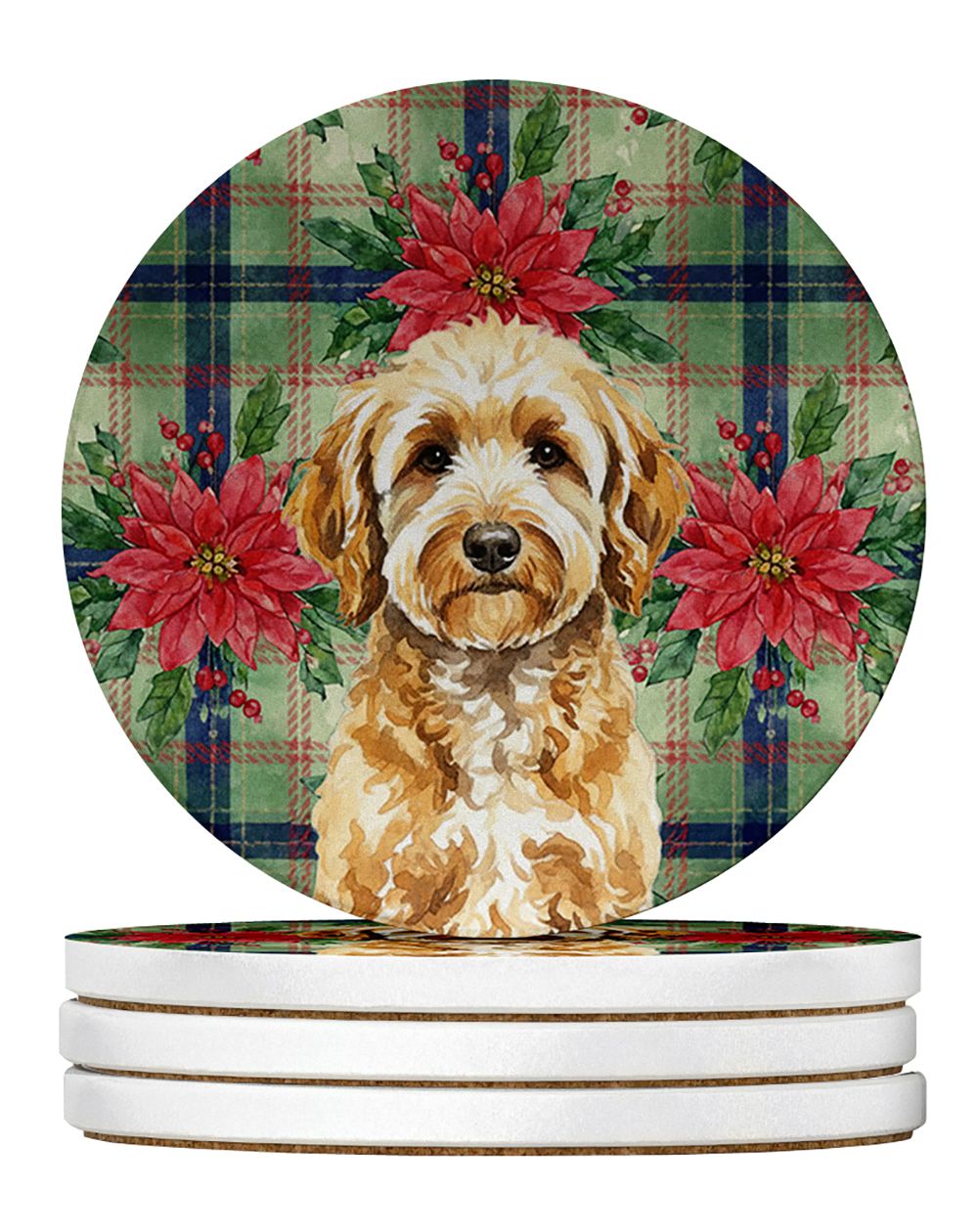 Goldendoodle Christmas PoinsettIas Large Sandstone Coasters Pack of 4 Absorbent Round Coasters Decor Gifts for Men or Women, 4 i
