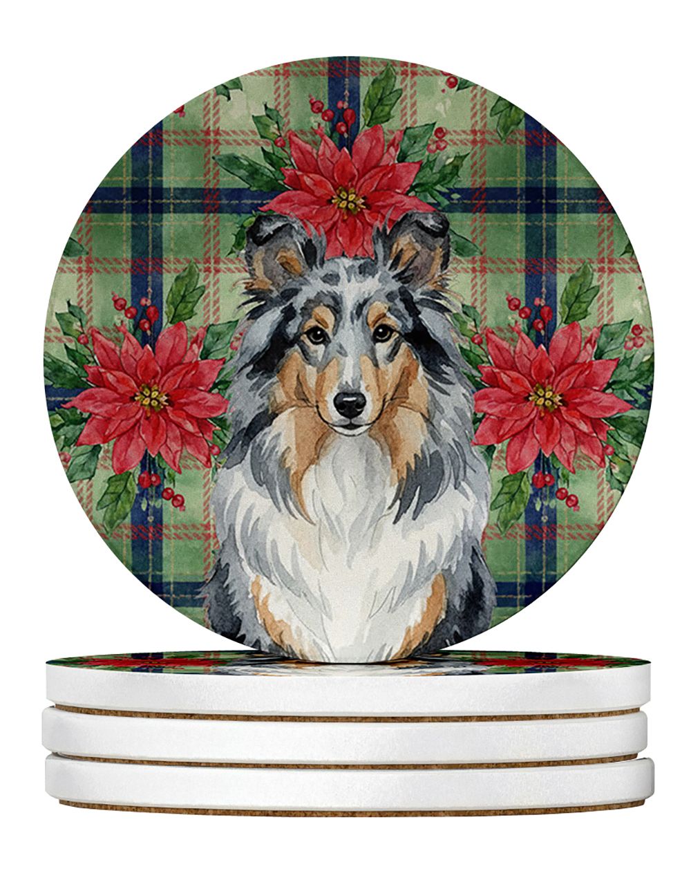 Blue Merle Sheltie Christmas PoinsettIas Large Sandstone Coasters Pack of 4 Absorbent Round Coasters Decor Gifts for Men or Wome