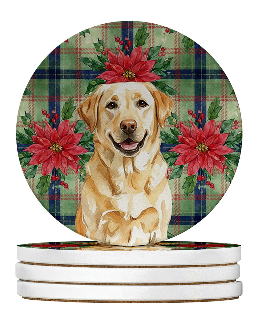 Yellow Labrador Retriever Christmas PoinsettIas Large Sandstone Coasters Pack of 4 Absorbent Round Coasters Decor Gifts for Men 