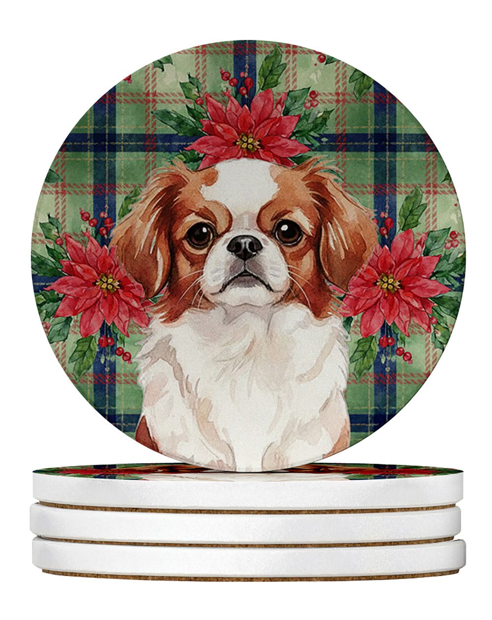 Red and White Japanese Chin Christmas PoinsettIas Large Sandstone Coasters Pack of 4 Absorbent Round Coasters Decor Gifts for Me