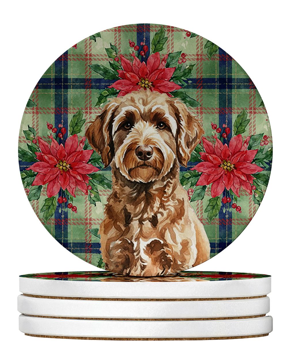 Chocolate Labradoodle Christmas PoinsettIas Large Sandstone Coasters Pack of 4 Absorbent Round Coasters Decor Gifts for Men or W