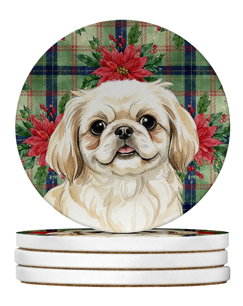 Cream Pekingese Christmas PoinsettIas Large Sandstone Coasters Pack of 4 Absorbent Round Coasters Decor Gifts for Men or Women, 