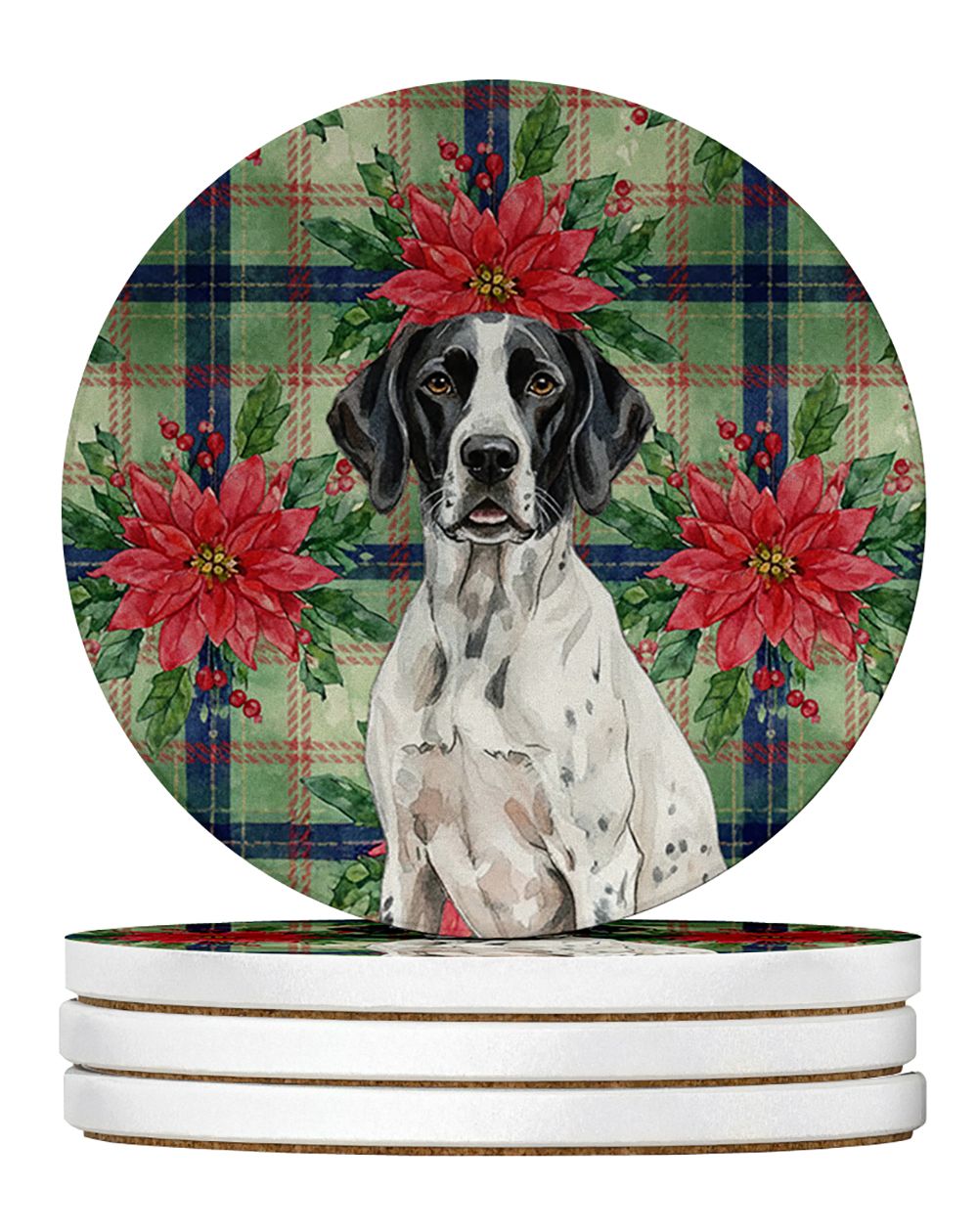 Black and White Pointer Christmas PoinsettIas Large Sandstone Coasters Pack of 4 Absorbent Round Coasters Decor Gifts for Men or