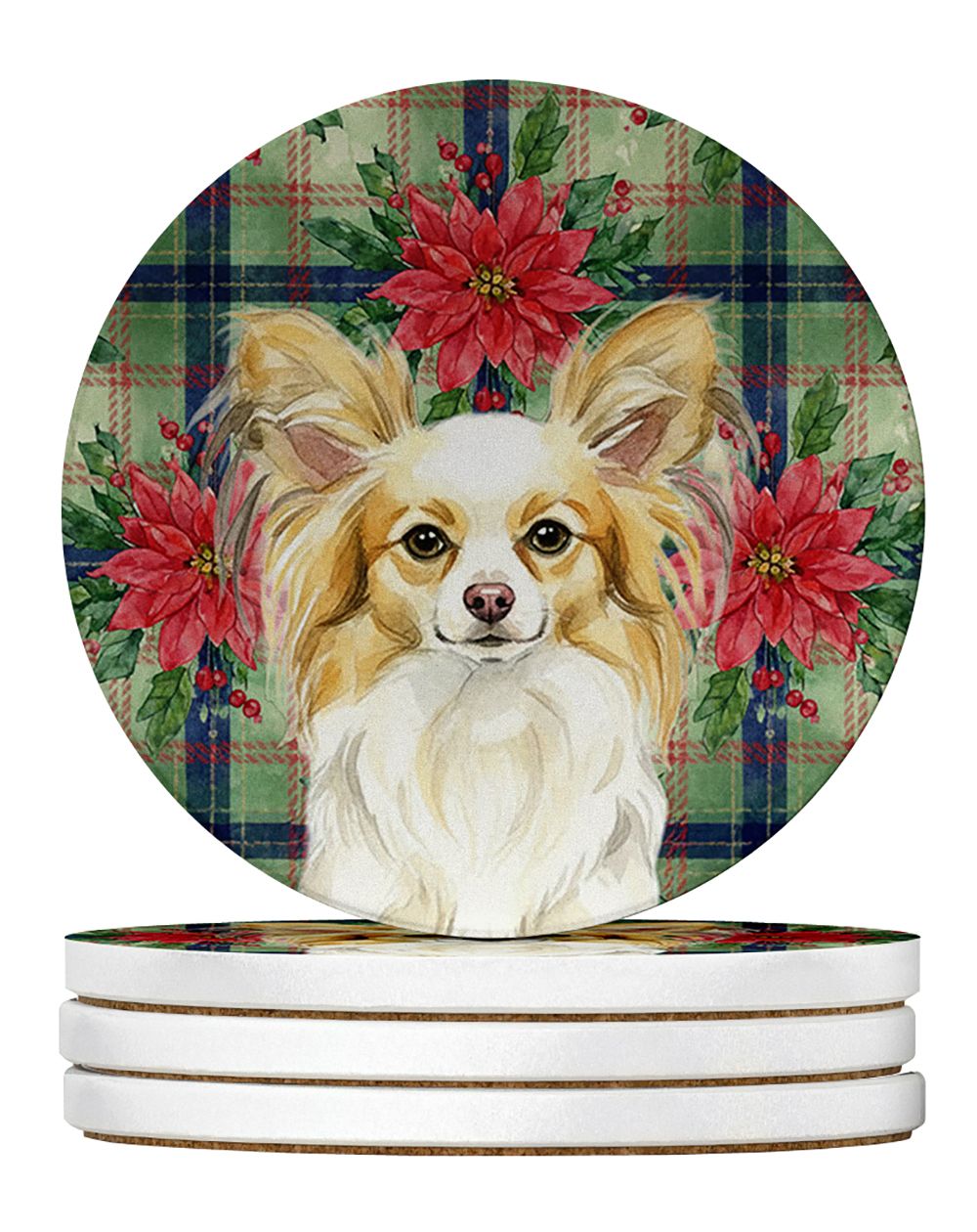 Lemon and White Papillon Christmas PoinsettIas Large Sandstone Coasters Pack of 4 Absorbent Round Coasters Decor Gifts for Men o