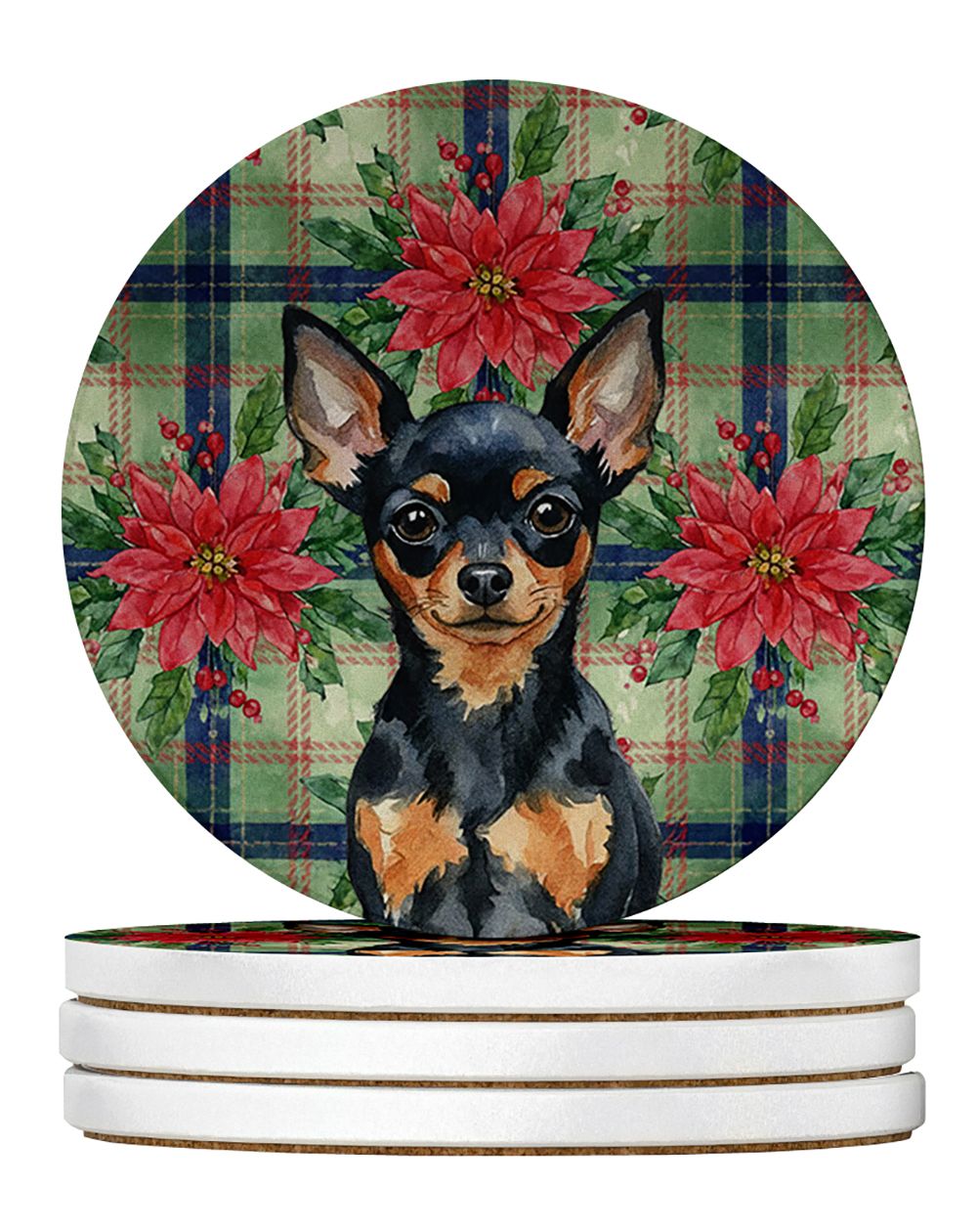 Black and Tan Russian Toy Christmas PoinsettIas Large Sandstone Coasters Pack of 4 Absorbent Round Coasters Decor Gifts for Men 