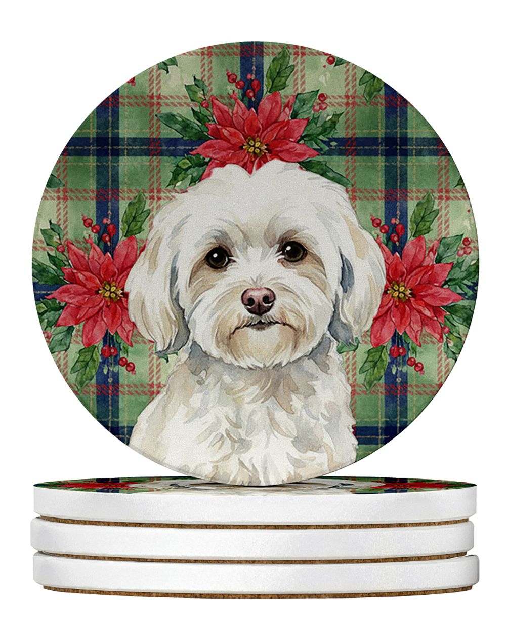 White Havanese Christmas PoinsettIas Large Sandstone Coasters Pack of 4 Absorbent Round Coasters Decor Gifts for Men or Women, 4