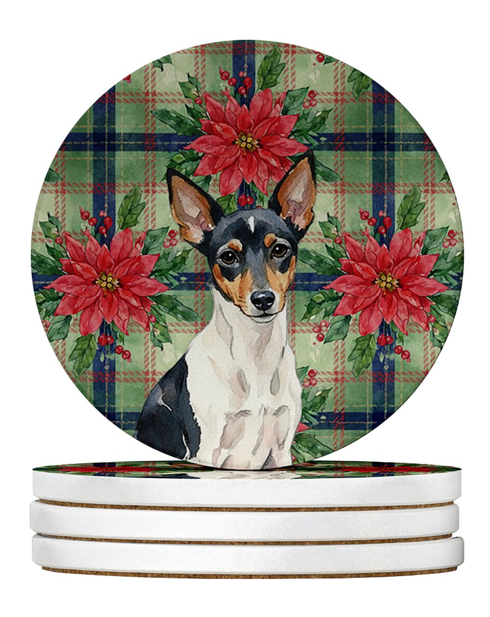Toy Fox Terrier Christmas PoinsettIas Large Sandstone Coasters Pack of 4 Absorbent Round Coasters Decor Gifts for Men or Women, 