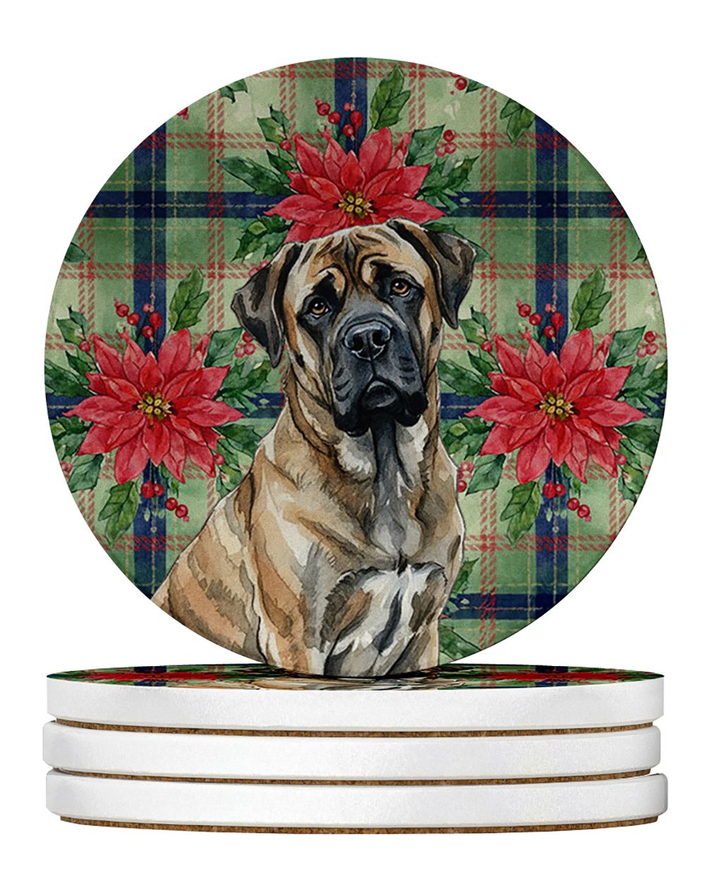 Brindle Mastiff Christmas PoinsettIas Large Sandstone Coasters Pack of 4 Absorbent Round Coasters Decor Gifts for Men or Women, 