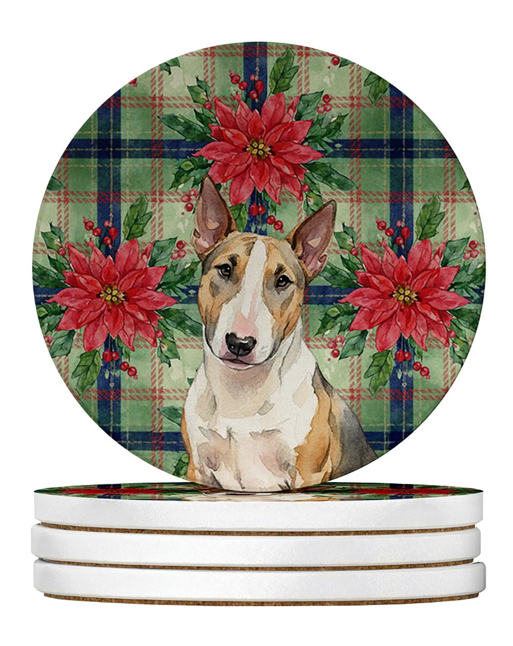 Tricolor Miniature Bull Terrier Christmas PoinsettIas Large Sandstone Coasters Pack of 4 Absorbent Round Coasters Decor Gifts fo