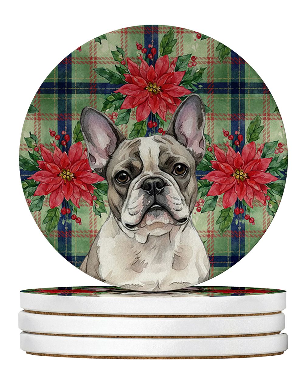 Pied French Bulldog Christmas PoinsettIas Large Sandstone Coasters Pack of 4 Absorbent Round Coasters Decor Gifts for Men or Wom