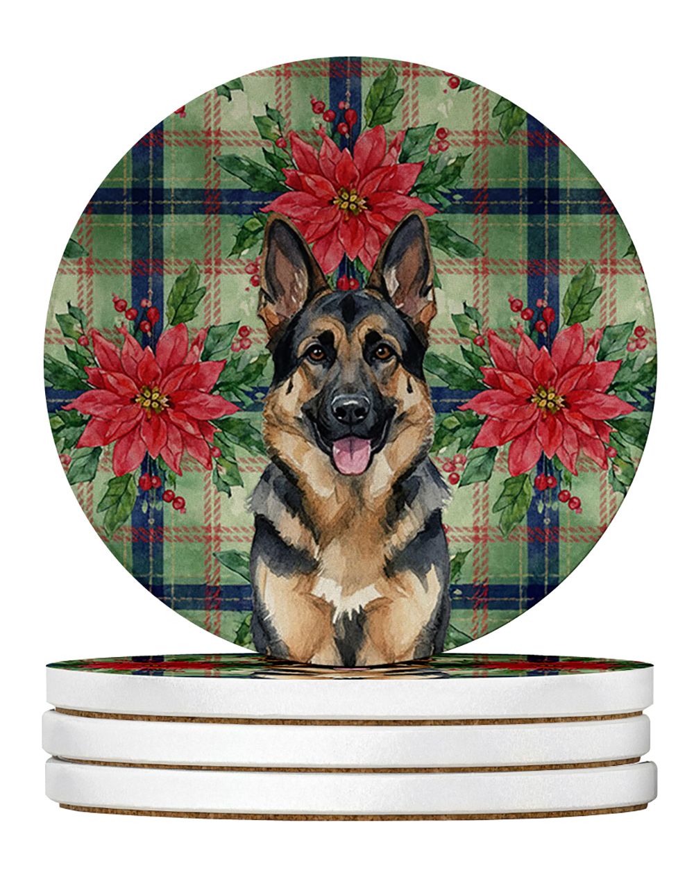 German Shepherd Christmas PoinsettIas Large Sandstone Coasters Pack of 4 Absorbent Round Coasters Decor Gifts for Men or Women, 