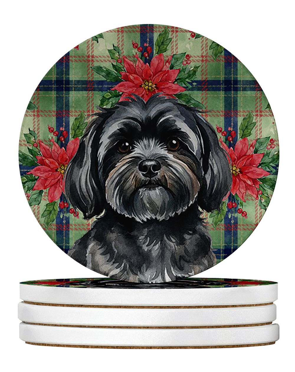 Black Lhasa Apso Christmas PoinsettIas Large Sandstone Coasters Pack of 4 Absorbent Round Coasters Decor Gifts for Men or Women,