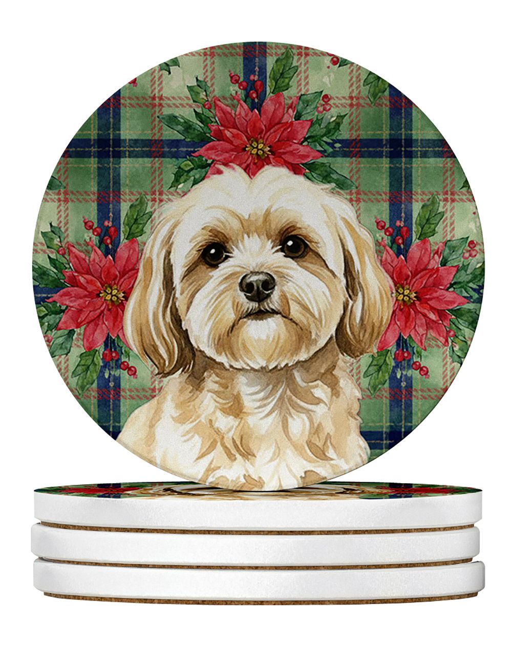 Cream Lhasa Apso Christmas PoinsettIas Large Sandstone Coasters Pack of 4 Absorbent Round Coasters Decor Gifts for Men or Women,
