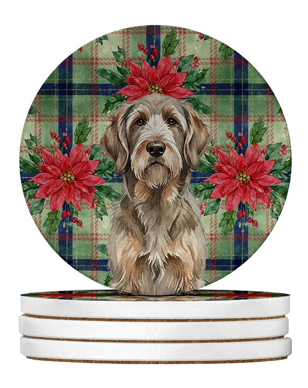 Grizzle and Tan Otterhound Christmas PoinsettIas Large Sandstone Coasters Pack of 4 Absorbent Round Coasters Decor Gifts for Men
