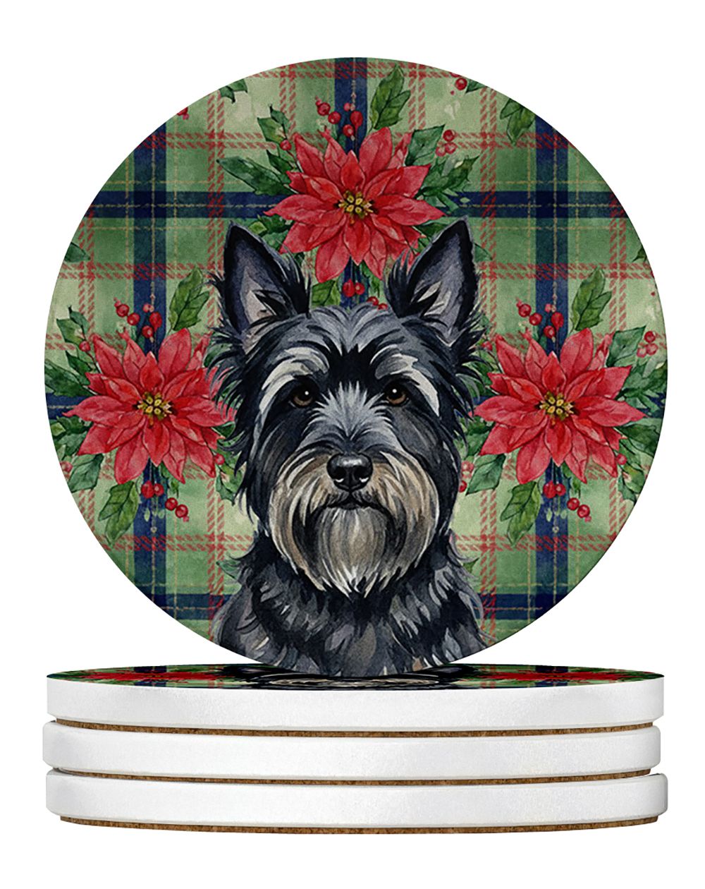 Black Skye Terrier Christmas PoinsettIas Large Sandstone Coasters Pack of 4 Absorbent Round Coasters Decor Gifts for Men or Wome