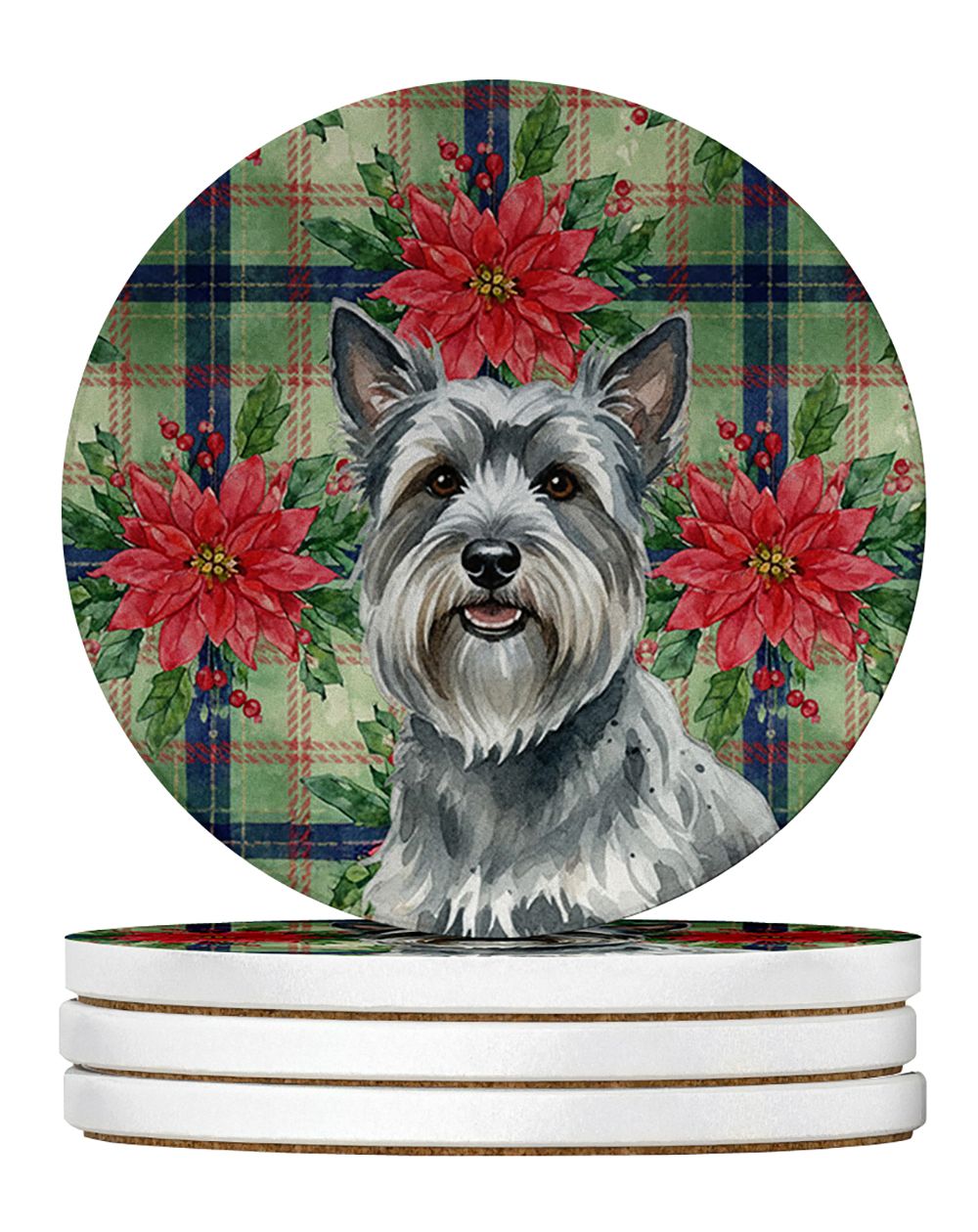 Gray Skye Terrier Christmas PoinsettIas Large Sandstone Coasters Pack of 4 Absorbent Round Coasters Decor Gifts for Men or Women