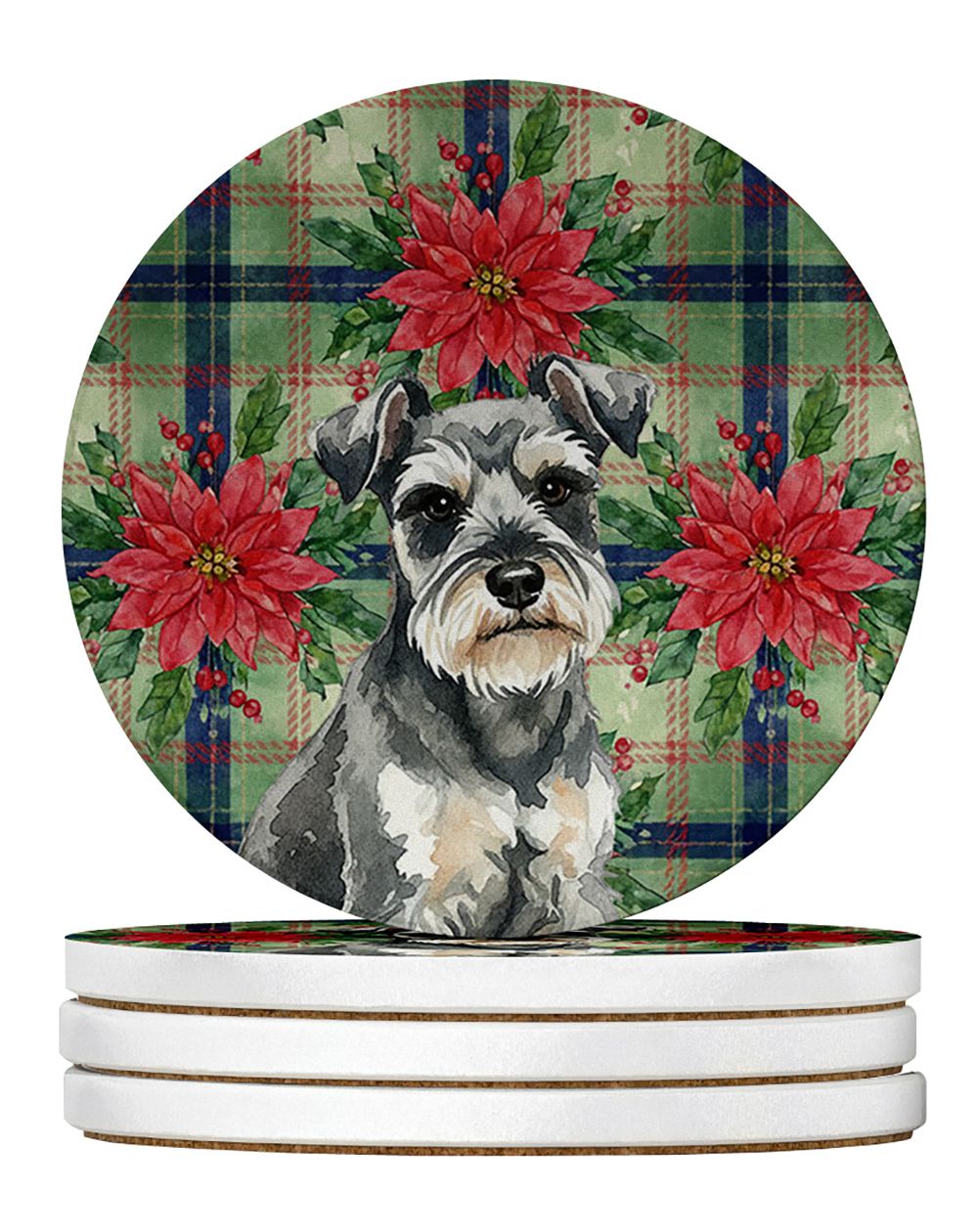 Miniature Schnauzer Christmas PoinsettIas Large Sandstone Coasters Pack of 4 Absorbent Round Coasters Decor Gifts for Men or Wom