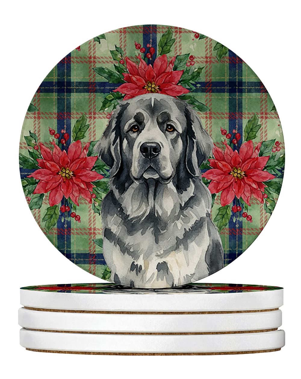 Gray Newfoundland Christmas PoinsettIas Large Sandstone Coasters Pack of 4 Absorbent Round Coasters Decor Gifts for Men or Women