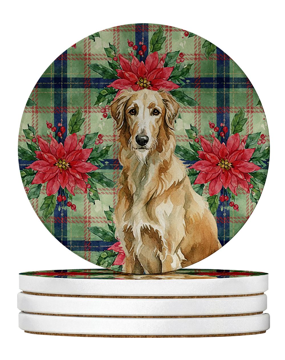 Wheaten Scottish Deerhound Christmas PoinsettIas Large Sandstone Coasters Pack of 4 Absorbent Round Coasters Decor Gifts for Men