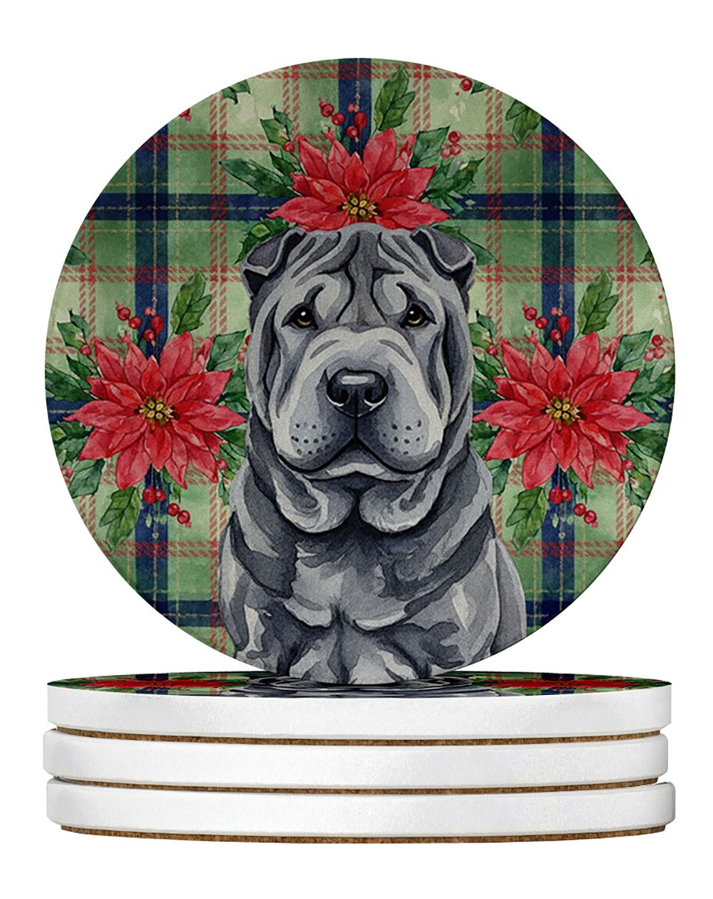 Black Shar Pei Christmas PoinsettIas Large Sandstone Coasters Pack of 4 Absorbent Round Coasters Decor Gifts for Men or Women, 4