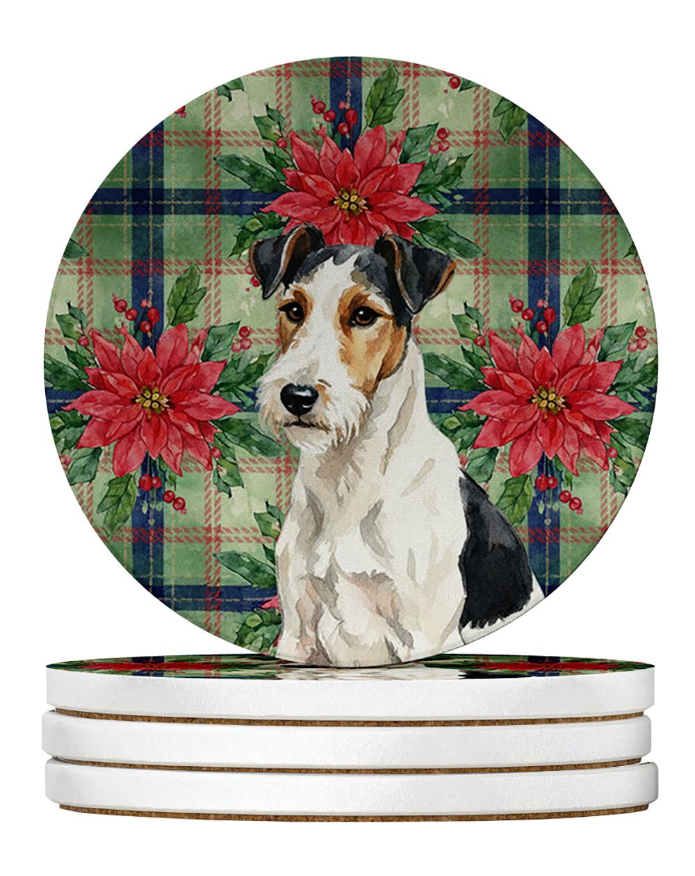 Smooth Fox Terrier Christmas PoinsettIas Large Sandstone Coasters Pack of 4 Absorbent Round Coasters Decor Gifts for Men or Wome