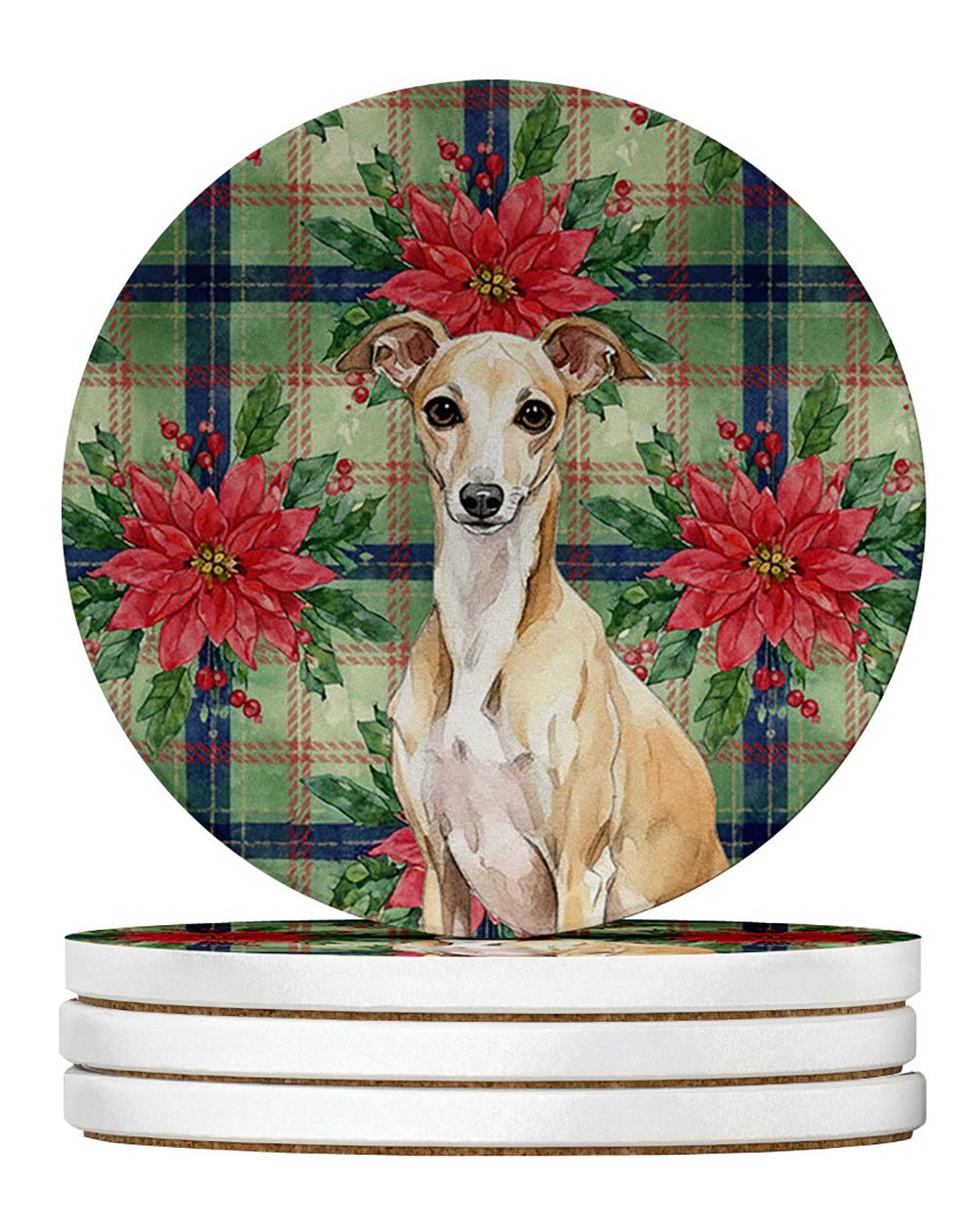 Fawn Italian Greyhound Christmas PoinsettIas Large Sandstone Coasters Pack of 4 Absorbent Round Coasters Decor Gifts for Men or 