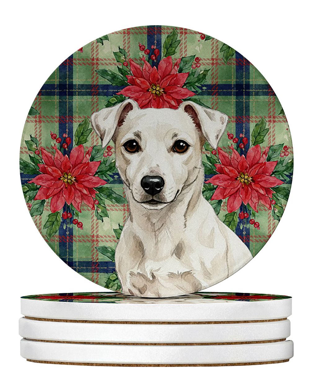 White Jack Russell Terrier Christmas PoinsettIas Large Sandstone Coasters Pack of 4 Absorbent Round Coasters Decor Gifts for Men