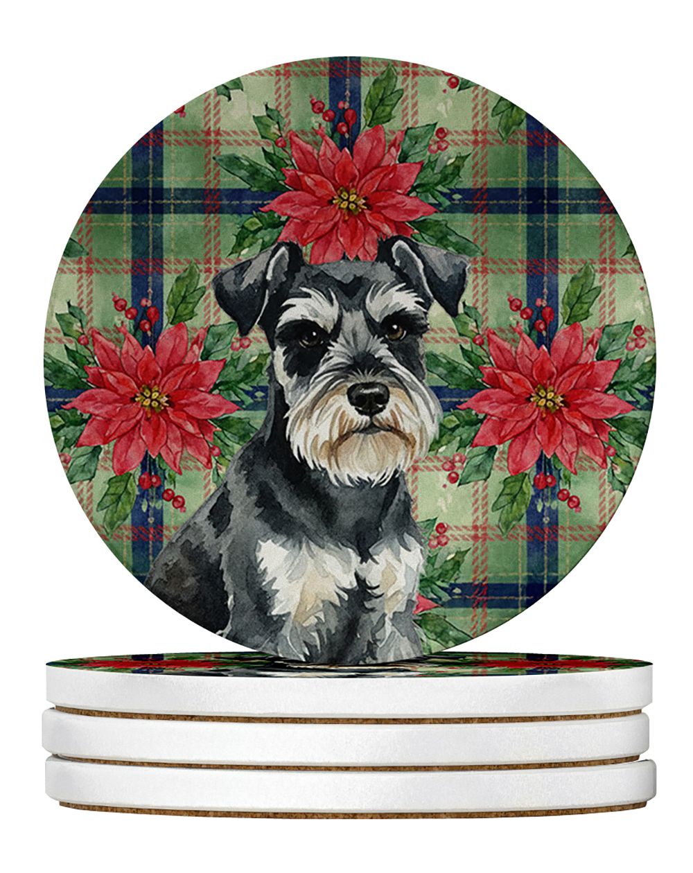 Black & Silver Miniature Schnauzer Christmas PoinsettIas Large Sandstone Coasters Pack of 4 Absorbent Round Coasters Decor Gifts