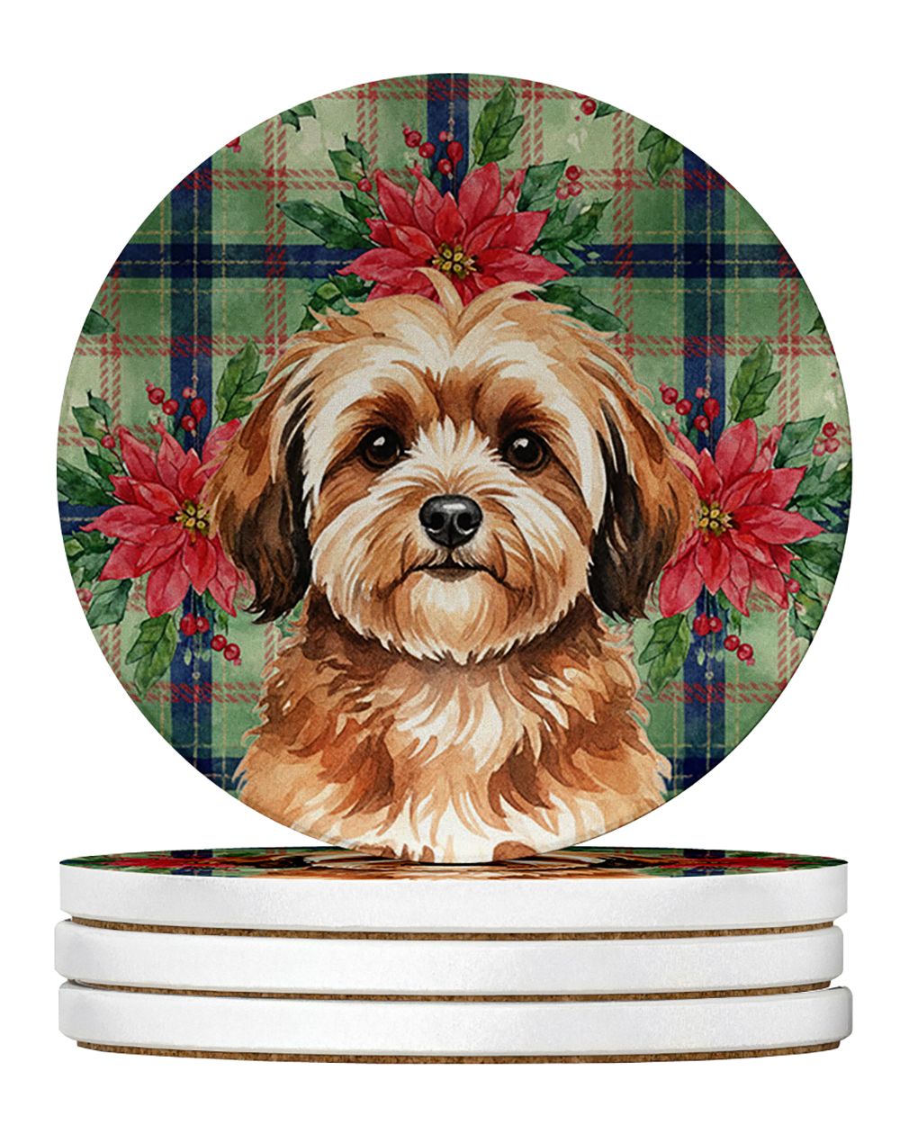 Sable Havanese Christmas PoinsettIas Large Sandstone Coasters Pack of 4 Absorbent Round Coasters Decor Gifts for Men or Women, 4
