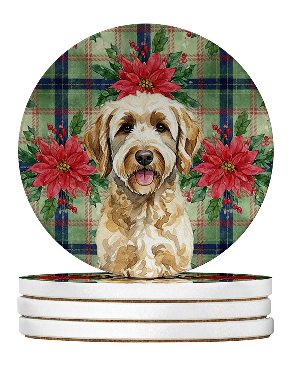 Labradoodle Christmas PoinsettIas Large Sandstone Coasters Pack of 4 Absorbent Round Coasters Decor Gifts for Men or Women, 4 in