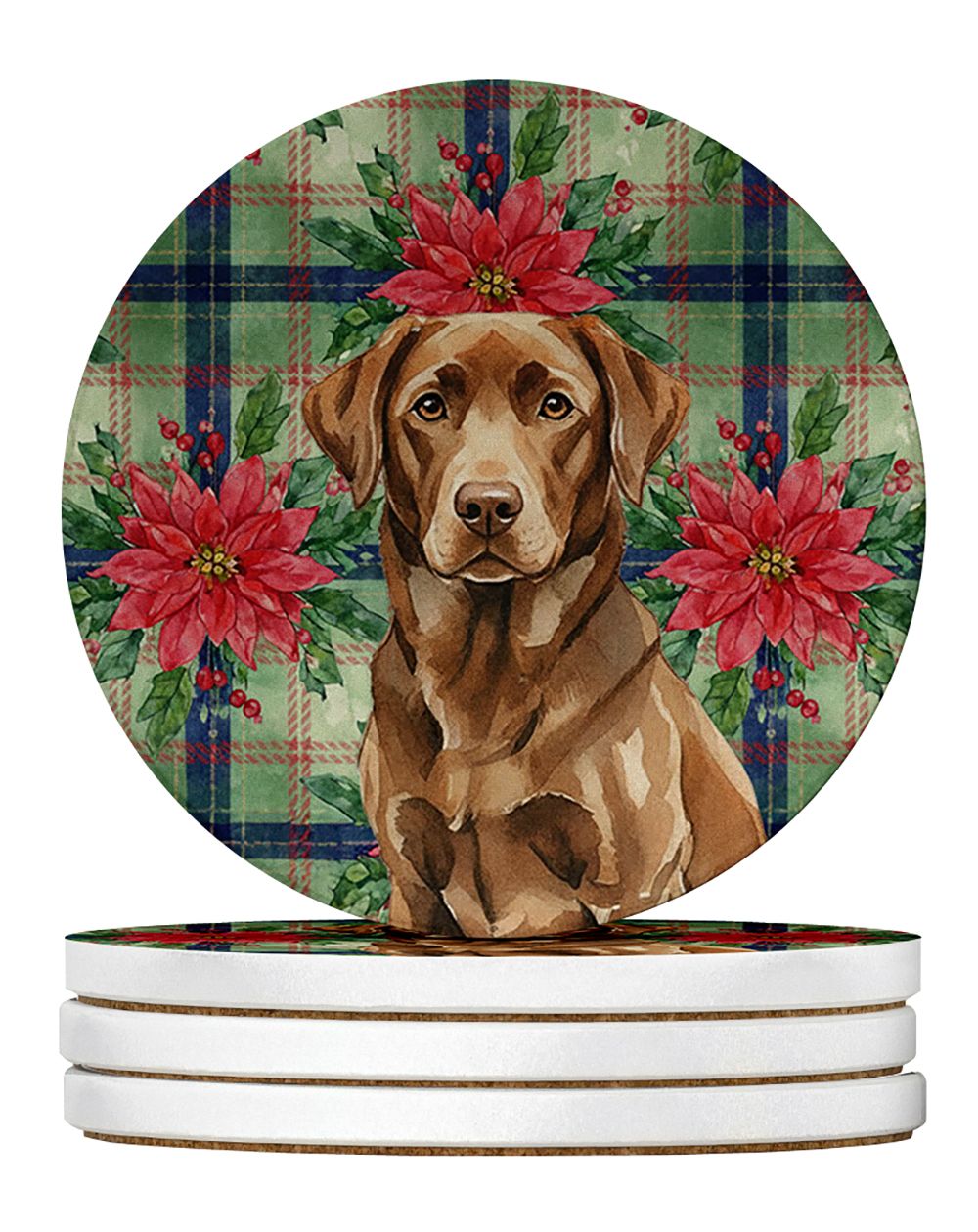 Chocolate Labrador Retriever Christmas PoinsettIas Large Sandstone Coasters Pack of 4 Absorbent Round Coasters Decor Gifts for M