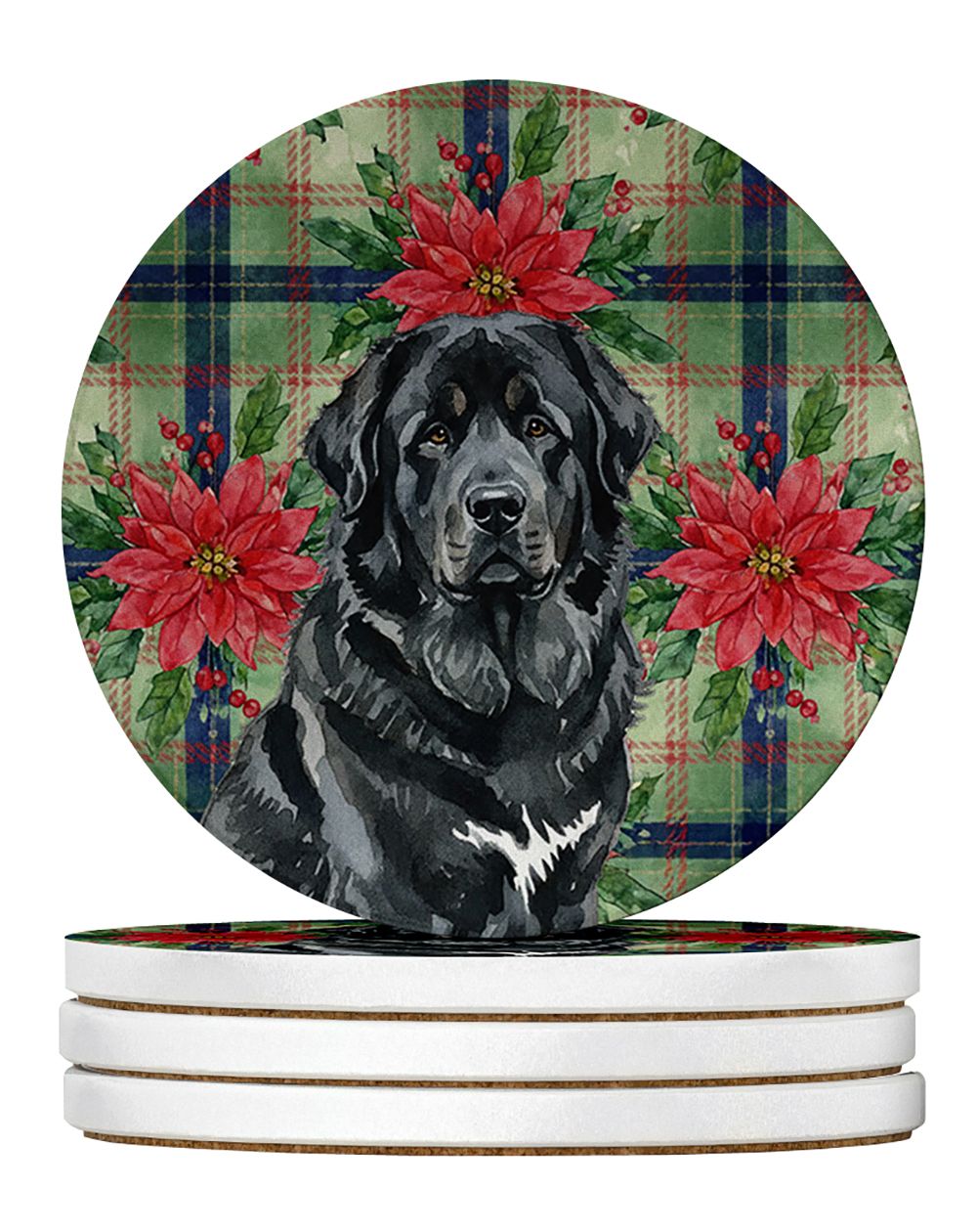 Black Tibetan Mastiff Christmas PoinsettIas Large Sandstone Coasters Pack of 4 Absorbent Round Coasters Decor Gifts for Men or W