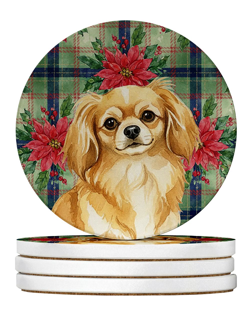 Gold Tibetan Spaniel Christmas PoinsettIas Large Sandstone Coasters Pack of 4 Absorbent Round Coasters Decor Gifts for Men or Wo
