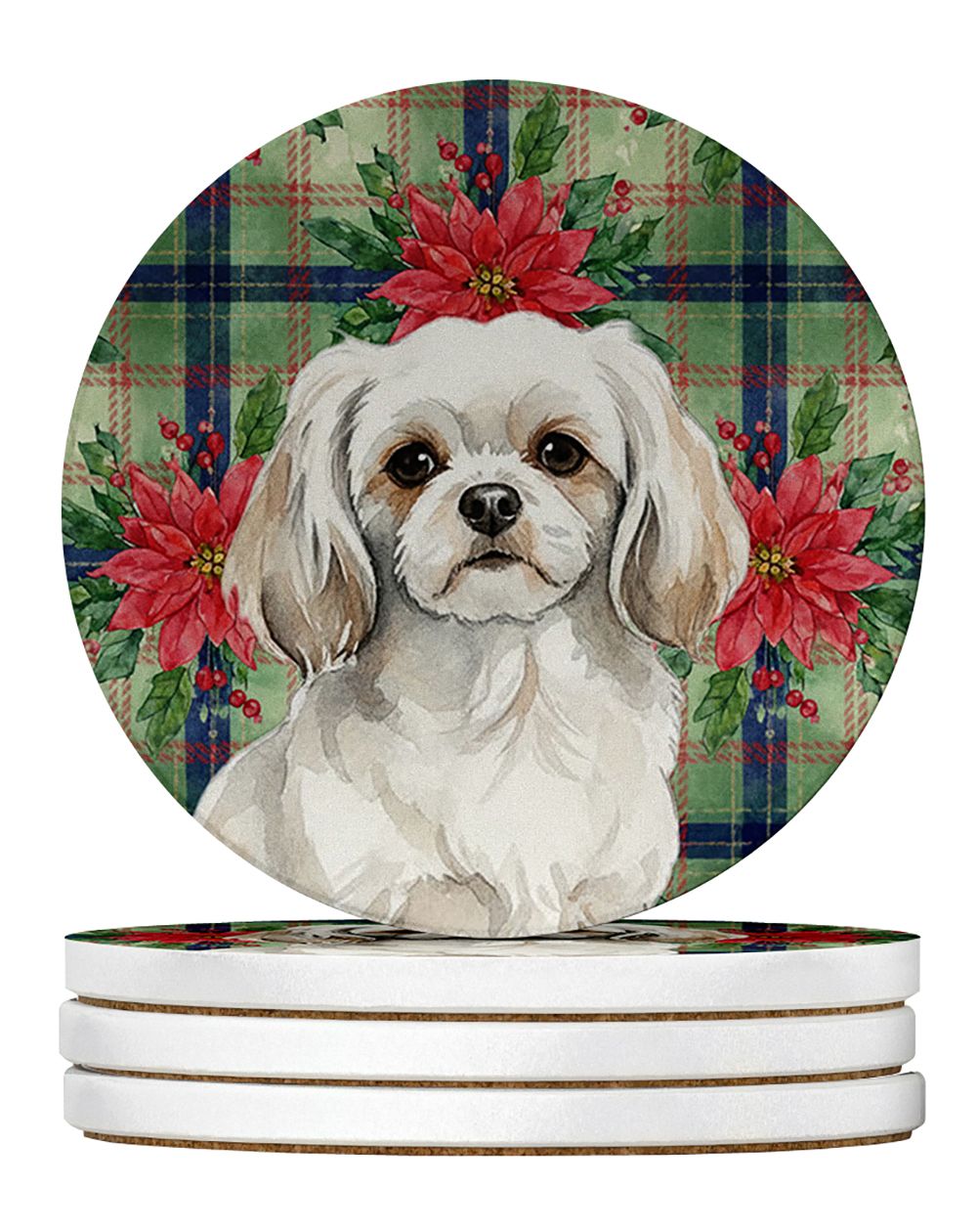 White Tibetan Spaniel Christmas PoinsettIas Large Sandstone Coasters Pack of 4 Absorbent Round Coasters Decor Gifts for Men or W
