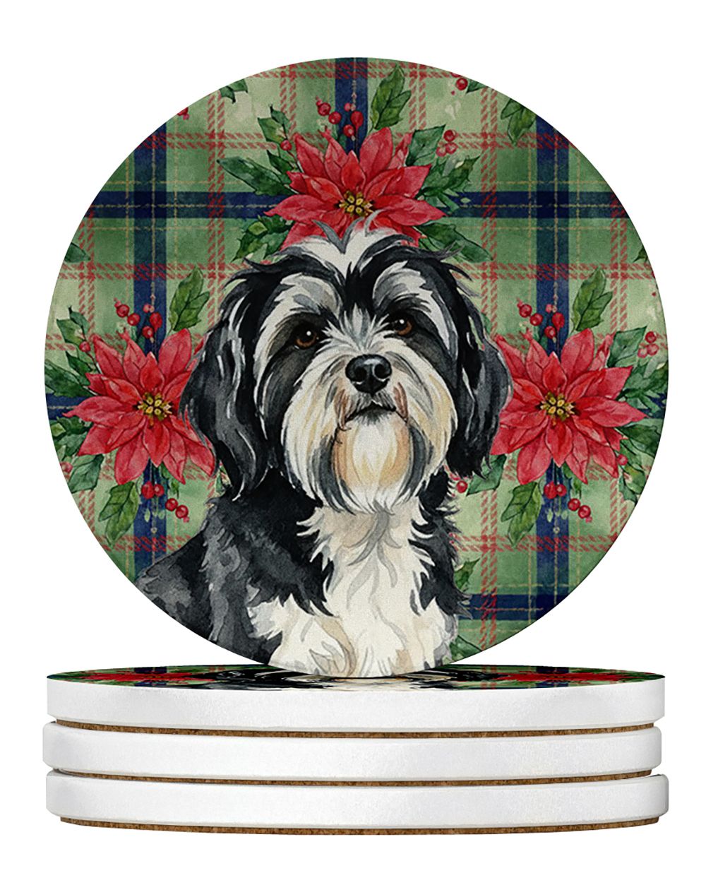 Black and White Tibetan Terrier Christmas PoinsettIas Large Sandstone Coasters Pack of 4 Absorbent Round Coasters Decor Gifts fo