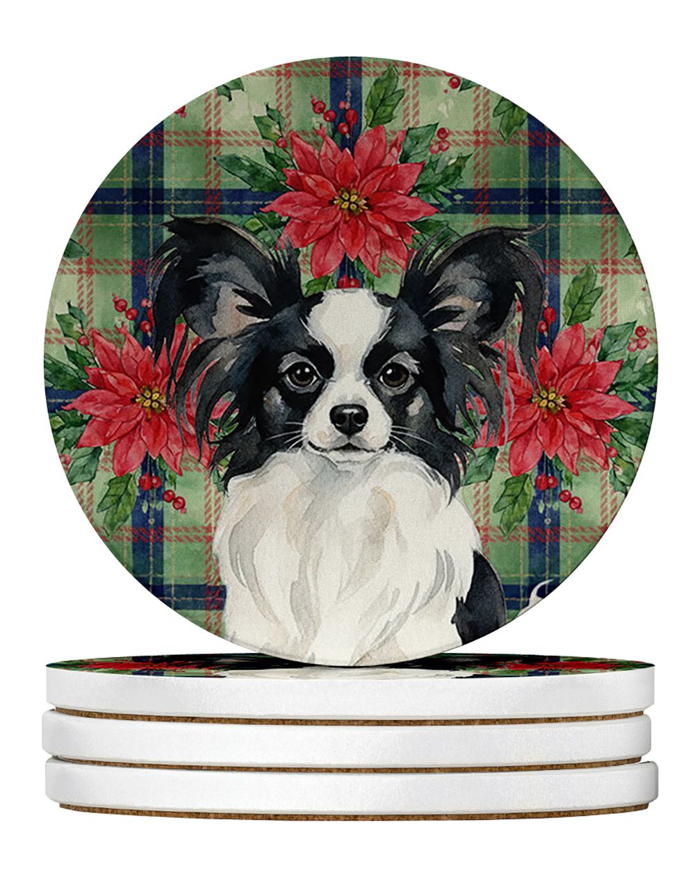 Black and White Papillon Christmas PoinsettIas Large Sandstone Coasters Pack of 4 Absorbent Round Coasters Decor Gifts for Men o