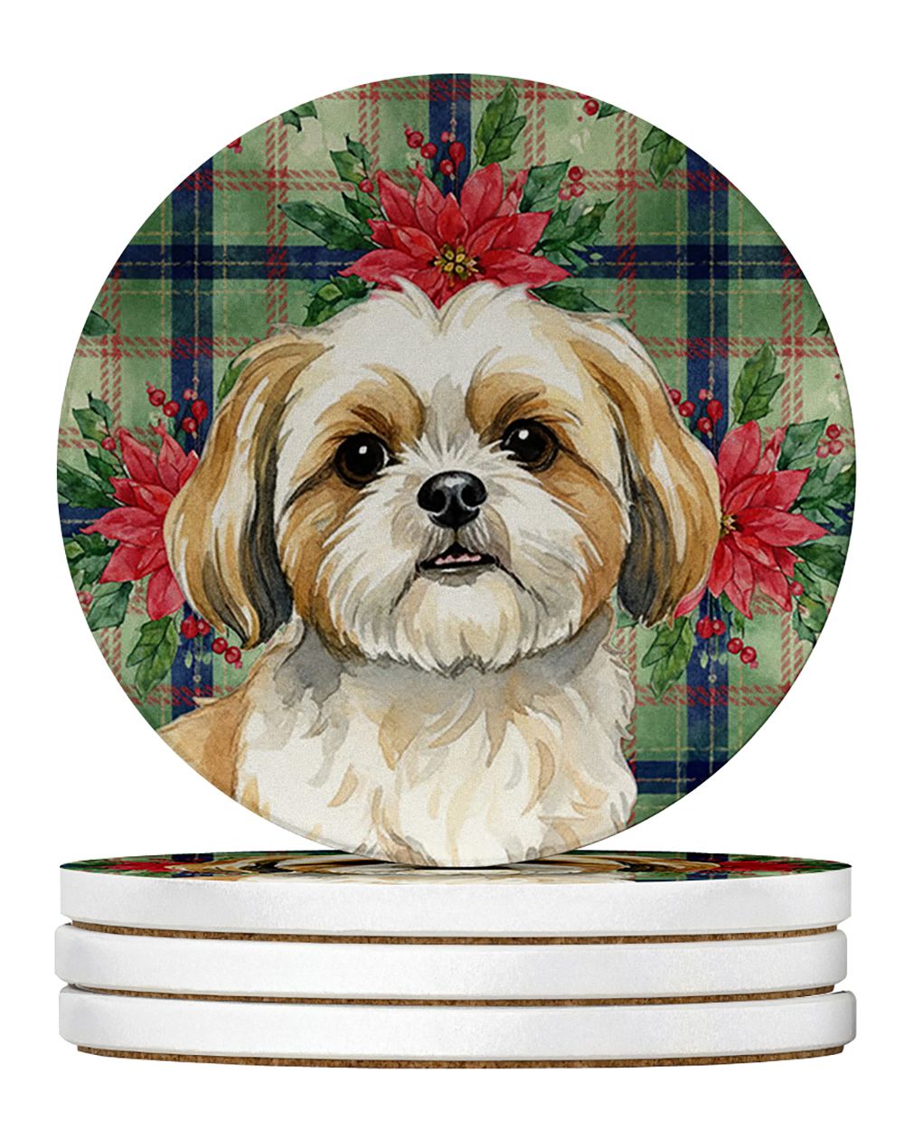 Gold and White Shih Tzu Christmas PoinsettIas Large Sandstone Coasters Pack of 4 Absorbent Round Coasters Decor Gifts for Men or
