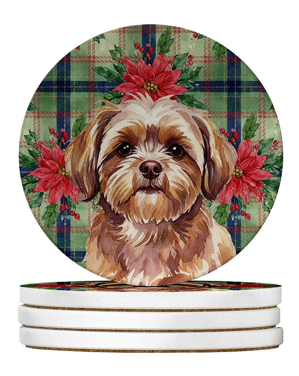 Liver Shih Tzu Christmas PoinsettIas Large Sandstone Coasters Pack of 4 Absorbent Round Coasters Decor Gifts for Men or Women, 4