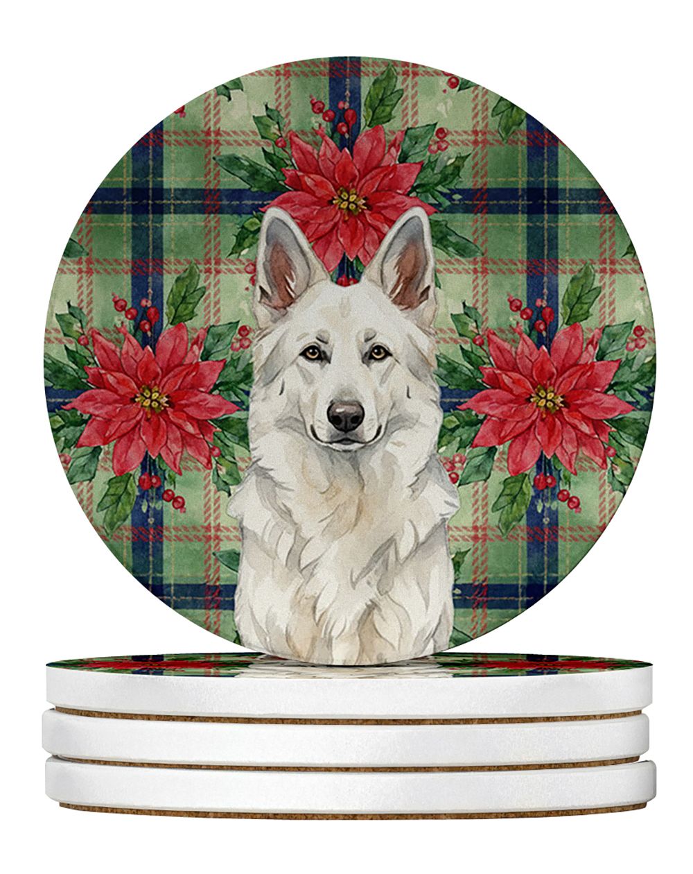 White German Shepherd Christmas PoinsettIas Large Sandstone Coasters Pack of 4 Absorbent Round Coasters Decor Gifts for Men or W